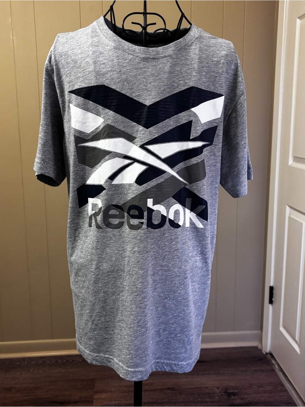 Reebok Gray Heather Short Sleeve Logo Tee with Black & White Graphic